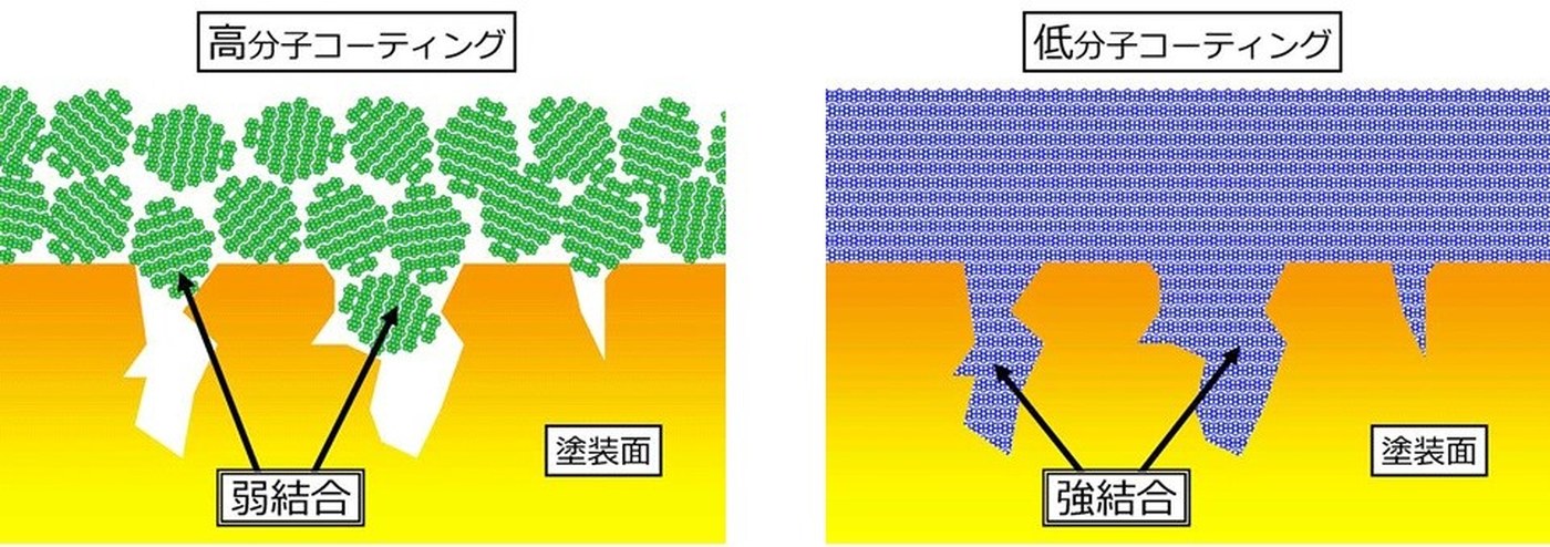 高分子コーティングと低分子コーティングの塗装面への結合イメージ