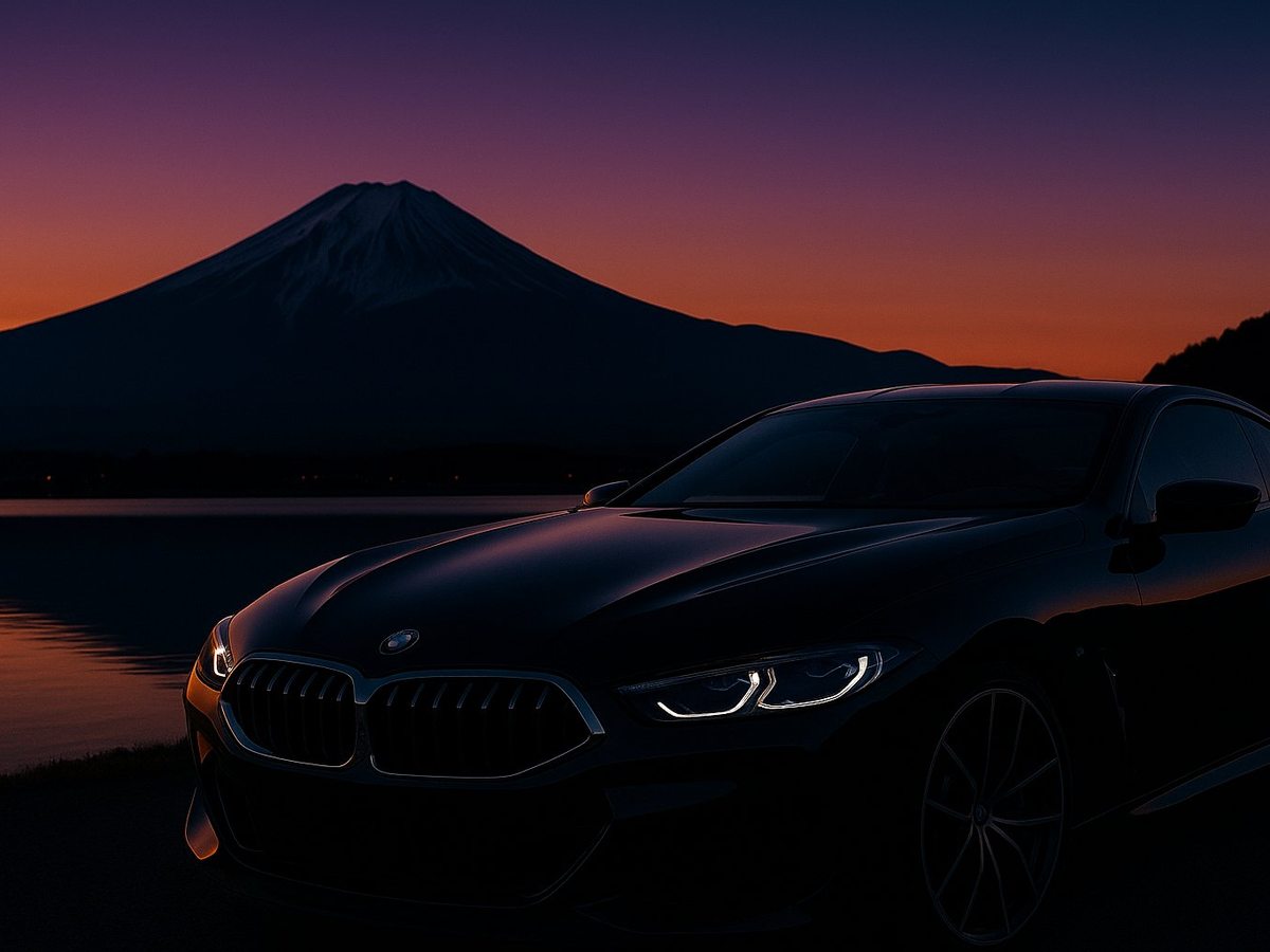 富士山を望む黒のBMW 8シリーズ・夕景のイメージ